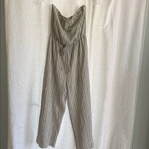 Altar'd State Blue & Cream Striped Strapless Jumpsuit